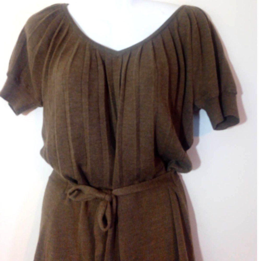 The LOFT Women Sz XS Taupe Brown Short Sleeve Knit Dress Wool Blend Sash Pleat - Picture 2 of 6